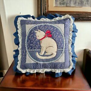 Vtg Kitty Cat Hand Sewn Throw Pillow Lace Ruffled Edge Cottagecore Granny core